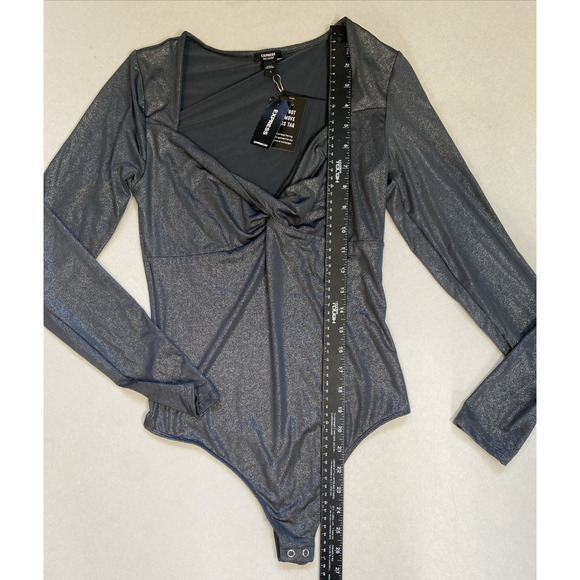 Express Bodysuit Womens Small NEW Body Contour Gray Long Sleeve Metallic Blouse - Picture 11 of 13